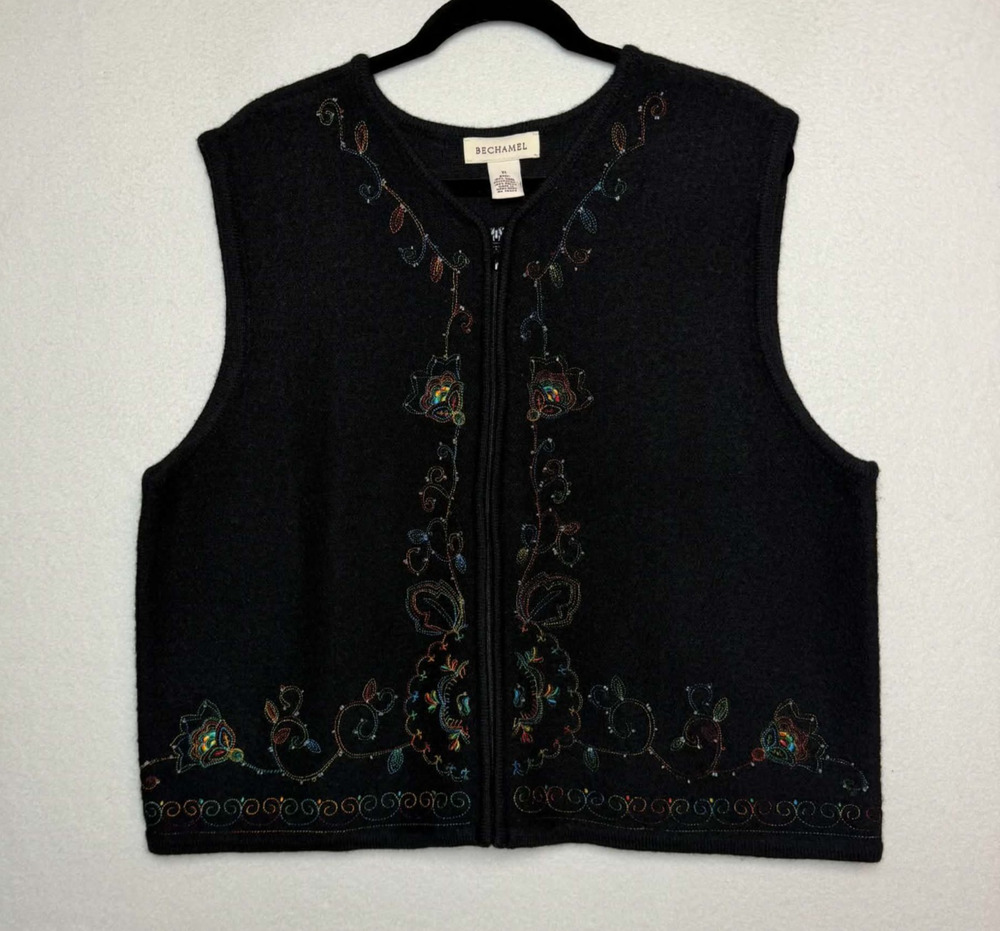 VTG Bechamel Black Wool Zip Front Vest Floral Embroidery Beaded Women Size XL
